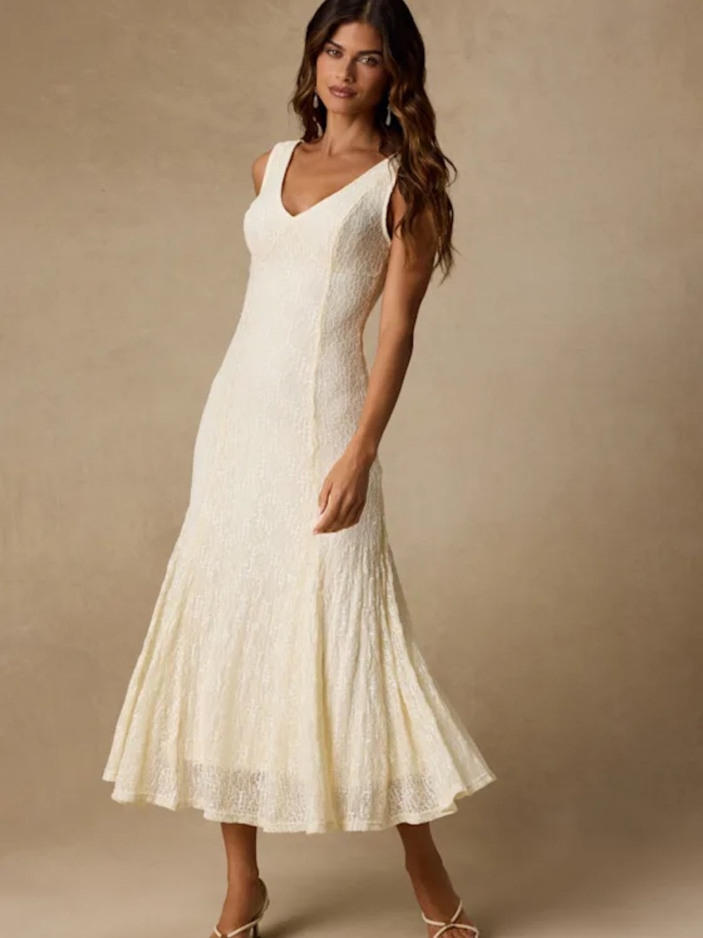 Lulu's Cream Lace Midi Dress - V-Neck Sleeveless